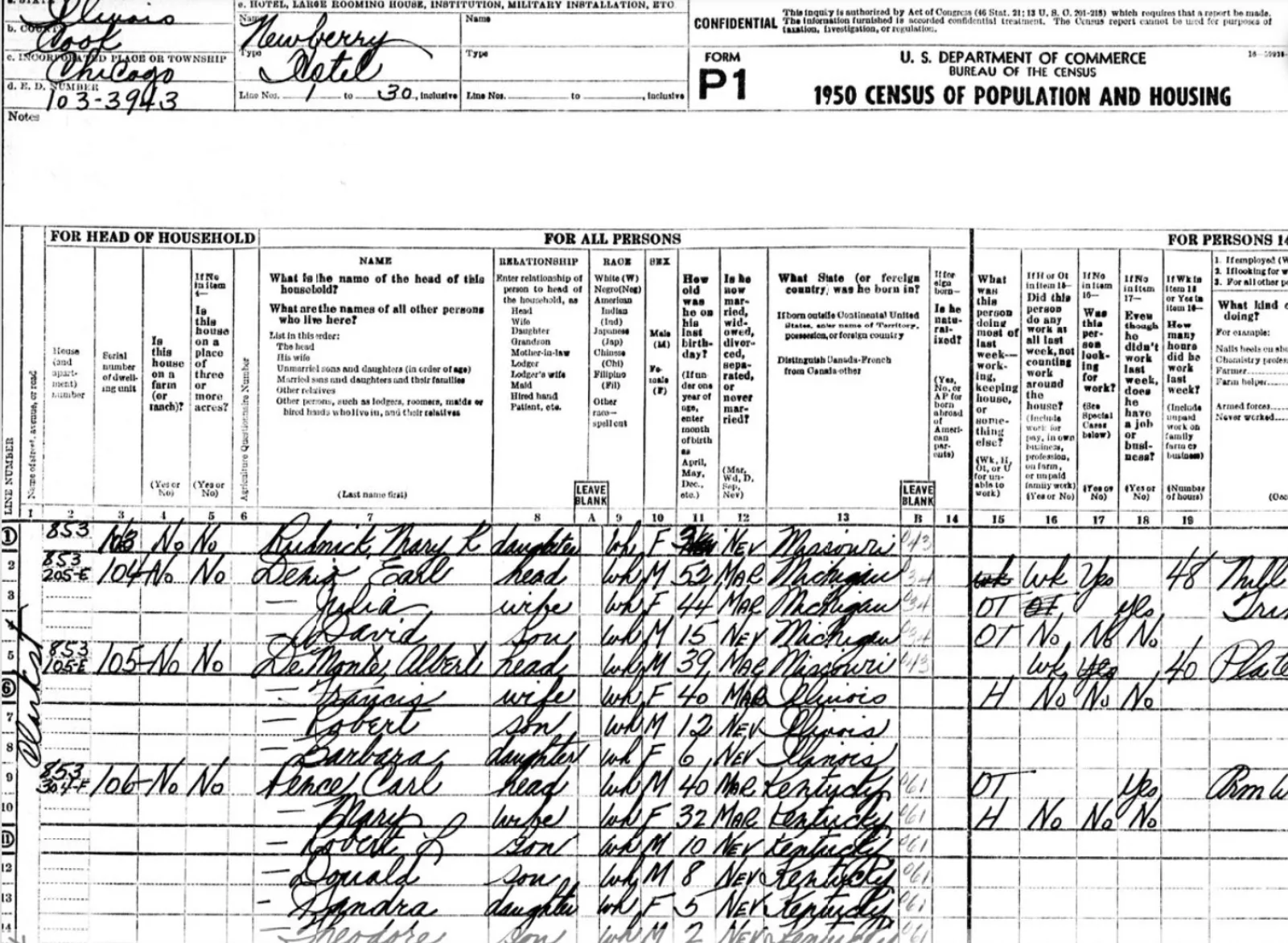 1950 census page screenshot A page from the 1950 census for the Newberry neighborhood. Addresses on Clark Street are shown here.