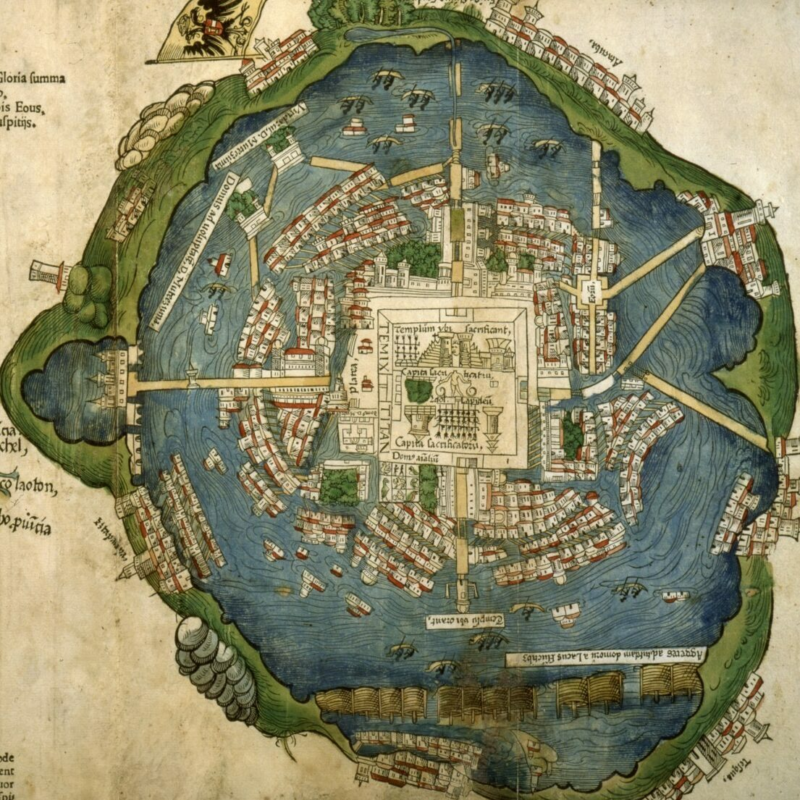 Nuremberg Map of Tenochtitlan Hand-drawn and colored map of Tenochtitlan, with the temple of Teocalli in the center surrounded by homes, bridges, buildings, and blue water.