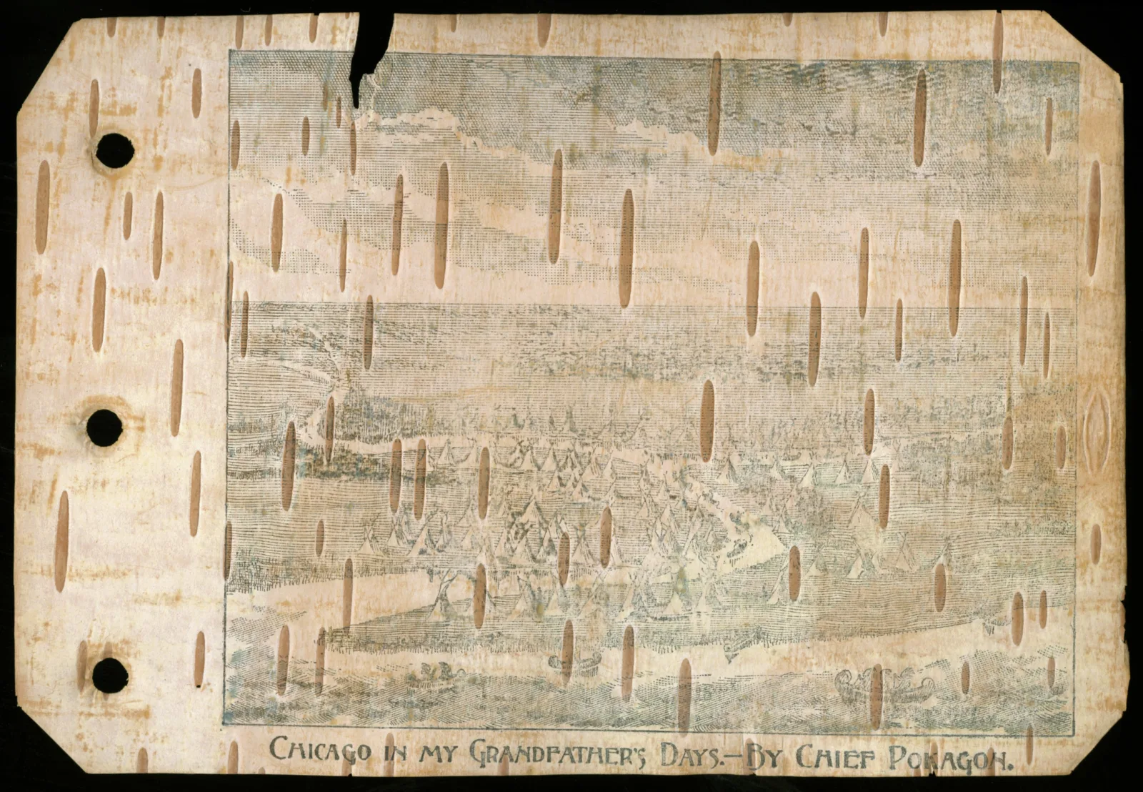 Ayer 251 p651 p7 1893 008 o2 A map of Chicago printed on birchbark. The map depicts Native people, Native homes, and the river. Below the map are the words "Chicago in my Grandfather's Days"