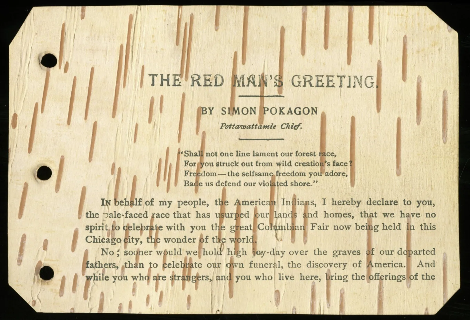 The opening page of Simon Pokagon's "The Red Man's Greeting," printed on birchbark The opening page of Simon Pokagon's "The Red Man's Greeting," printed on birchbark
