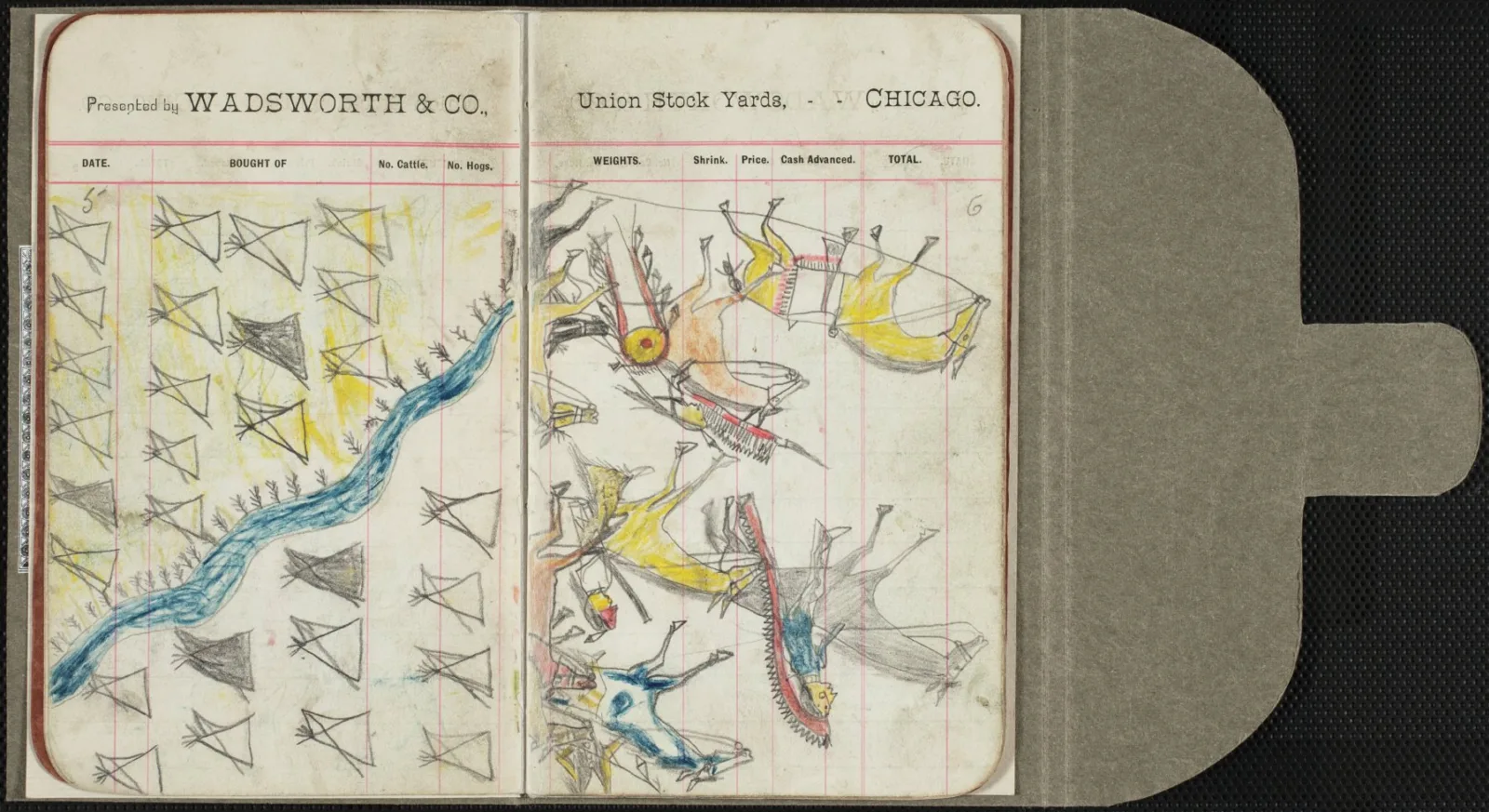 Ayer Art Wadsworth Ledger Book 00007 o3 A river runs diagonally. It is surrounded by tipis.