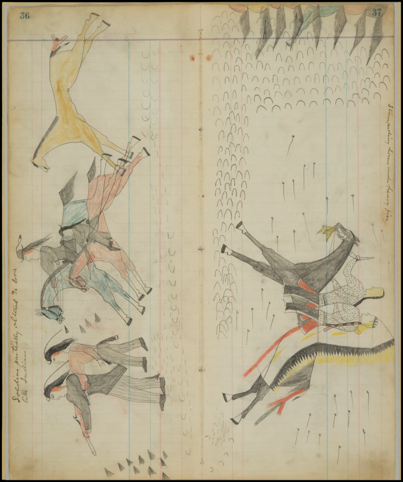 Ayer MS 3227 00021 o3 Horses and hoof prints cover a page in a ledger art book