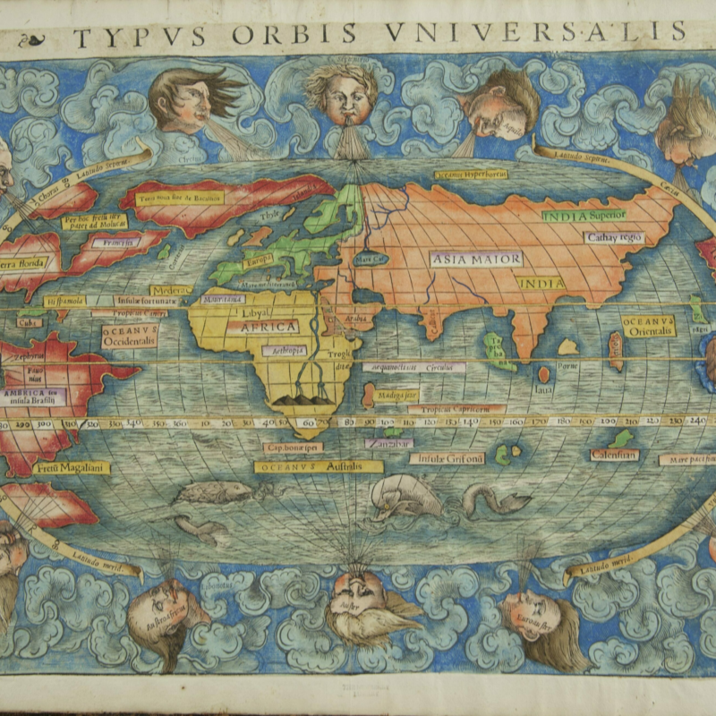 Geographia vniversalis, vetus et nova The top of the hand colored map reads, "Typvs orbis vniversalis." Surrounding the continents are ten floating heads that are blowing thee directional winds across the world.