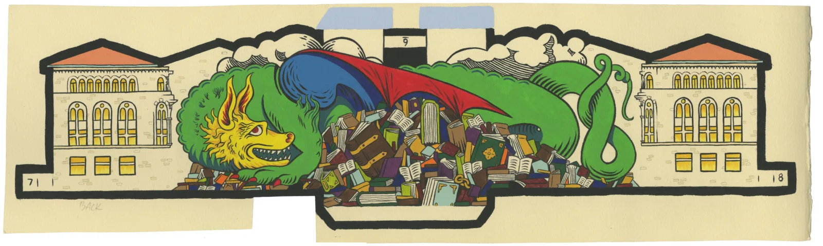 Original drawing of book-hoarding dragon for the Pop-Up Newberry