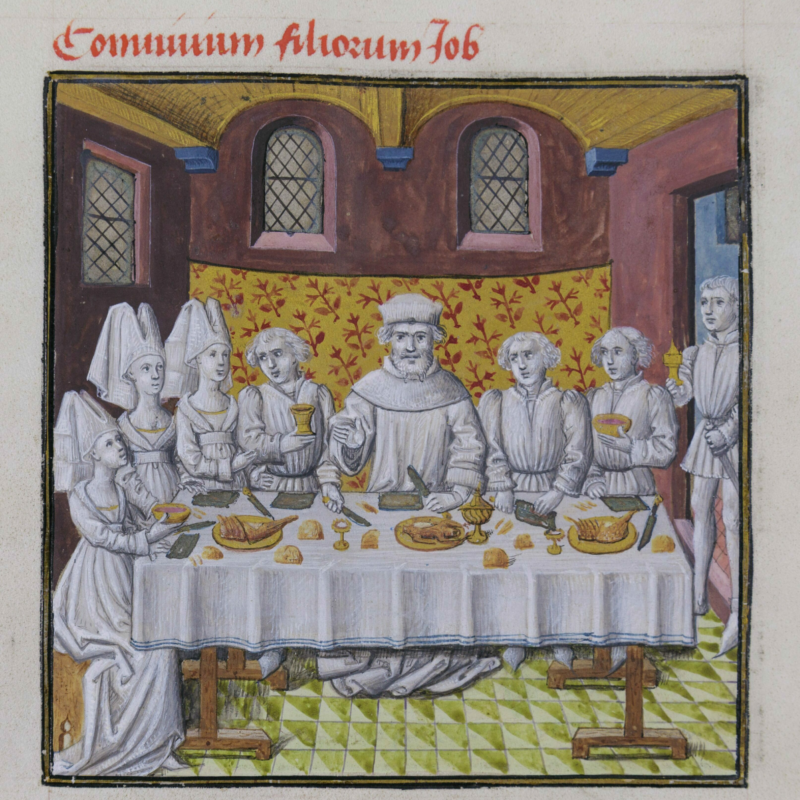Le miroir de humaine saluation Eight figures draw in black, gray, and white are seated around a square dining table lined with food and drink. Behind them is a colorful yellow and brown background.
