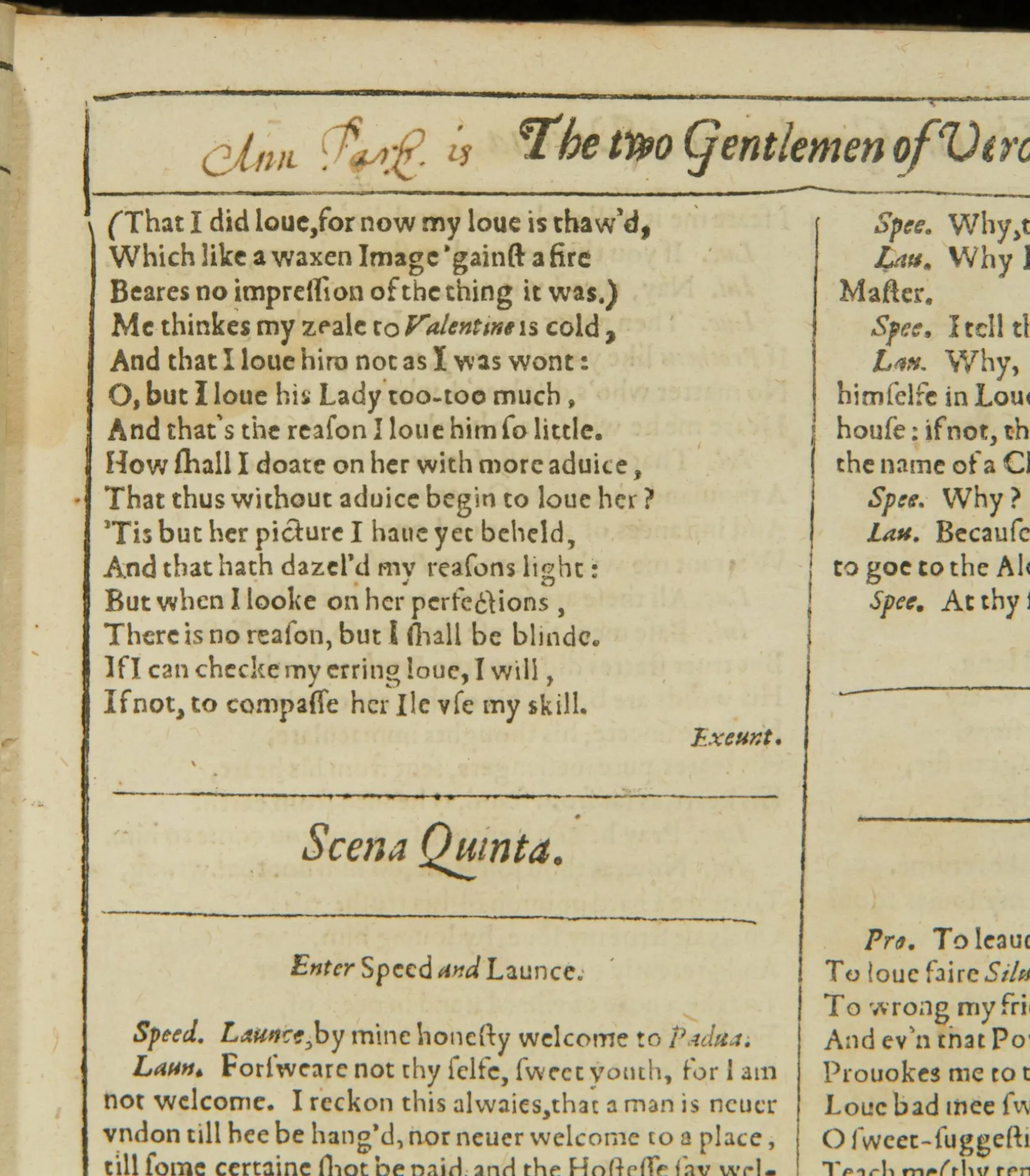 Inscription in First Folio The words “Ann Park is” appear in handwriting in a page from the Shakespeare First Folio.