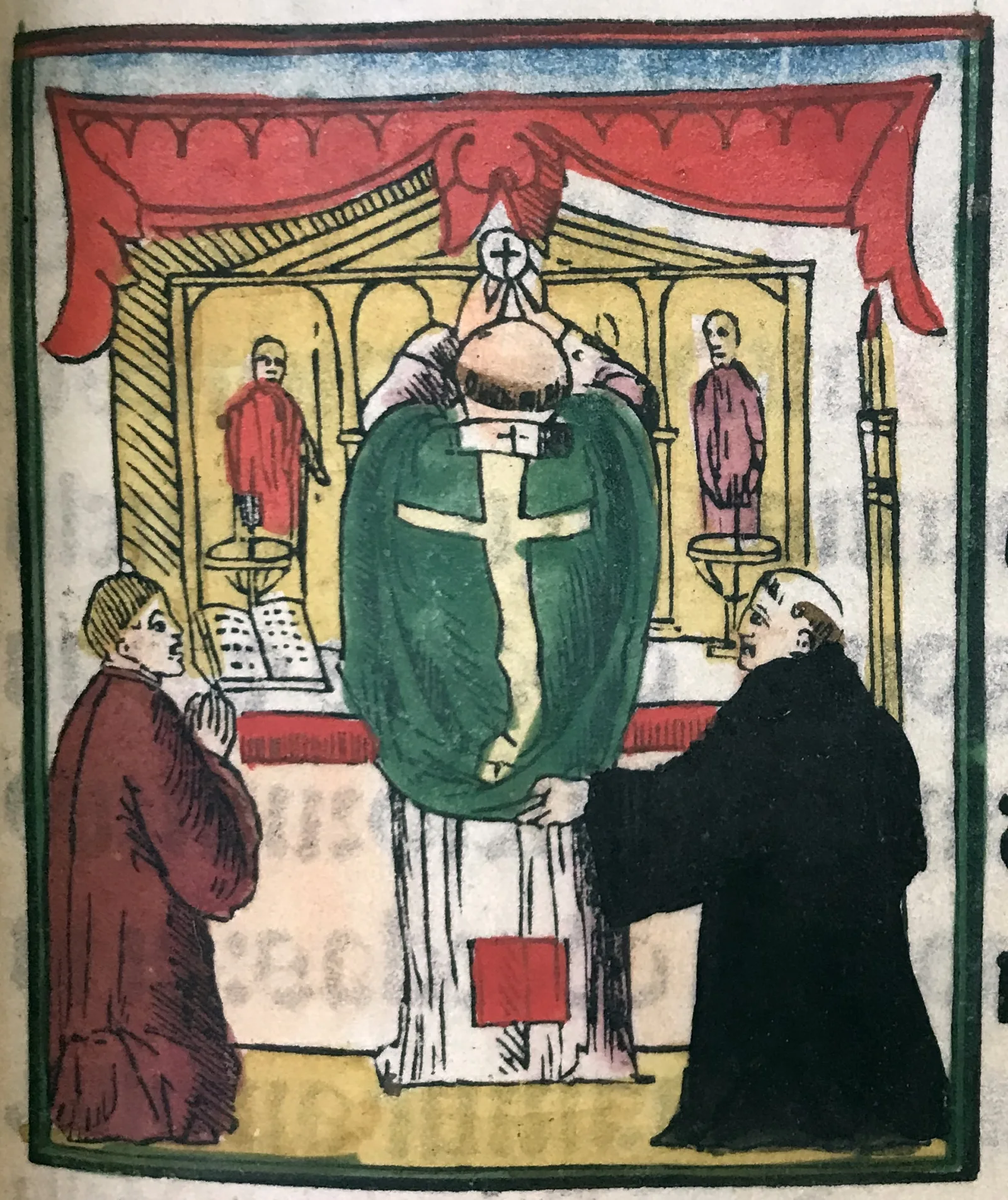 Mass of St. Gregory Illustration of the Mass of St. Gregory. A priest adorned in a green cloth stands at the altar. A missal sits on the altarpiece.