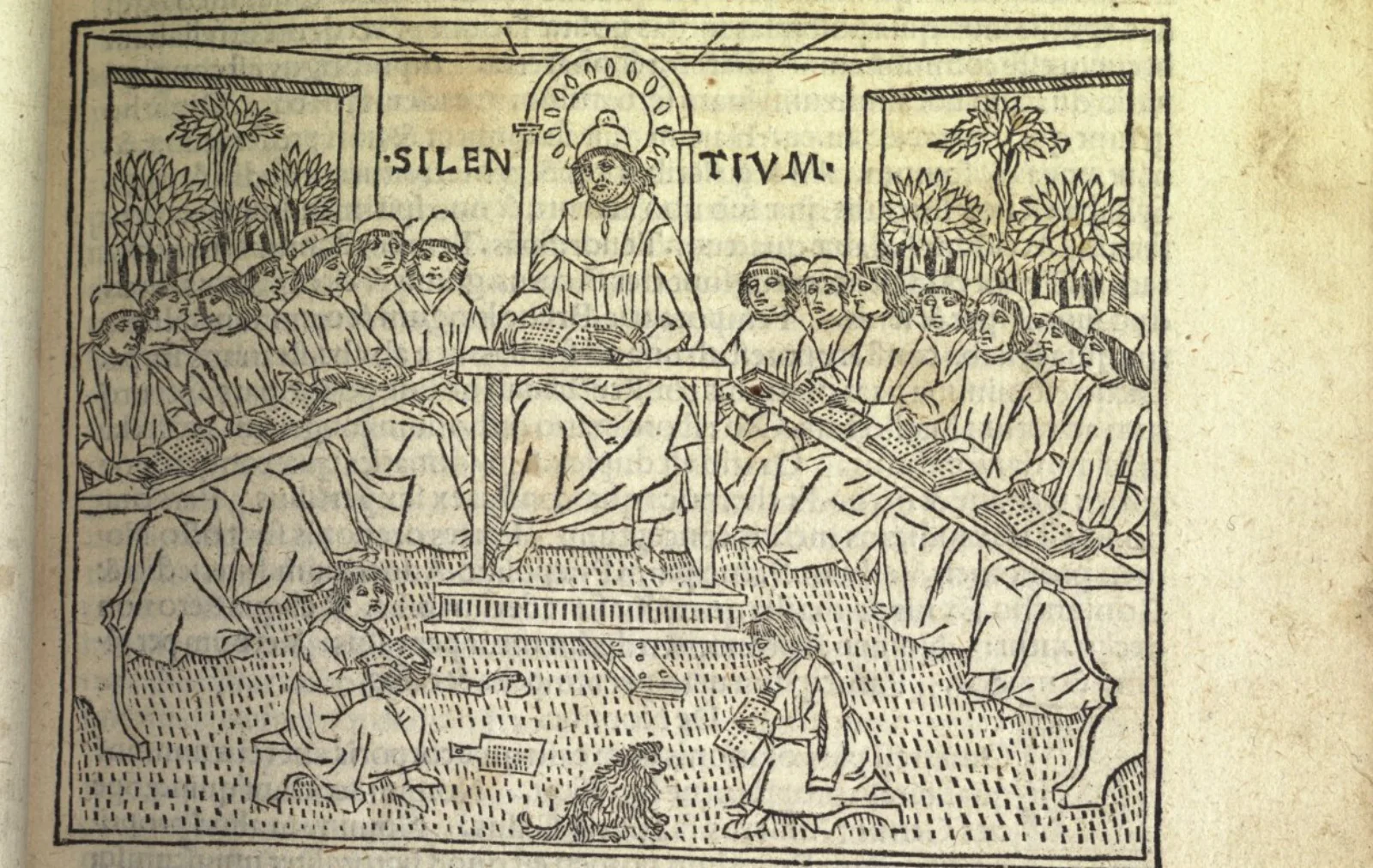 Early modern classroom Two younger students sit on the floor reading from hornbooks. Behind them are older students reading from books.
