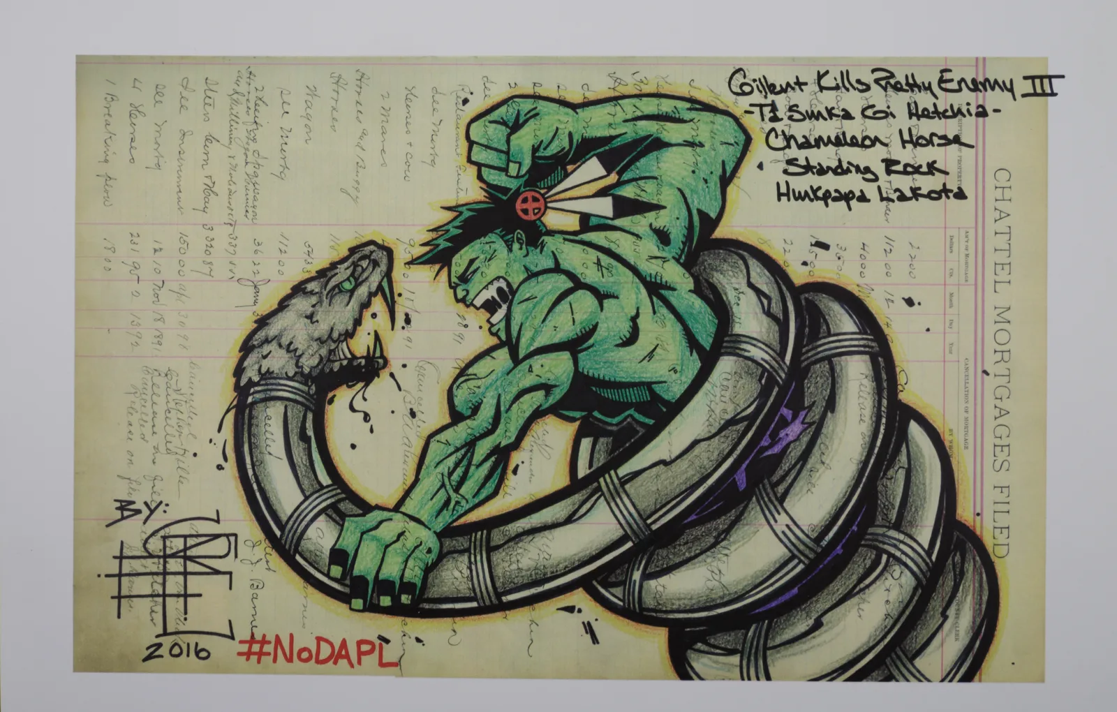 Kills Pretty Enemy Hulk No DAPL copy A green Incredible Hulk is about to punch a silver and black snake (meant to represent the pipeline).