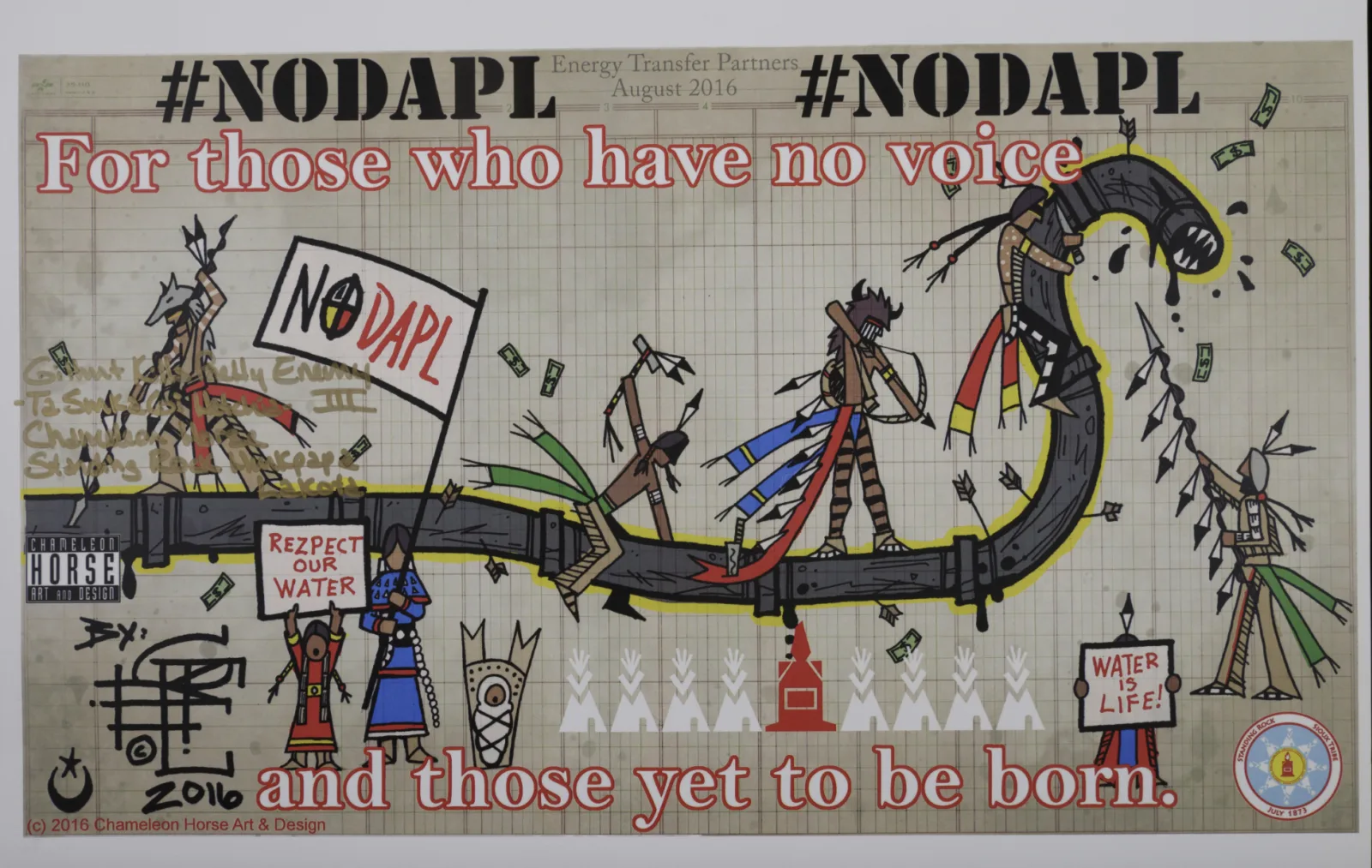 KPE III for those who have no voice copy Native people are protesting and attacking a giant animated pipeline monster with sharp teeth. The words "#NoDAPL. For those who have no voice and those yet to be born" are printed across the front.