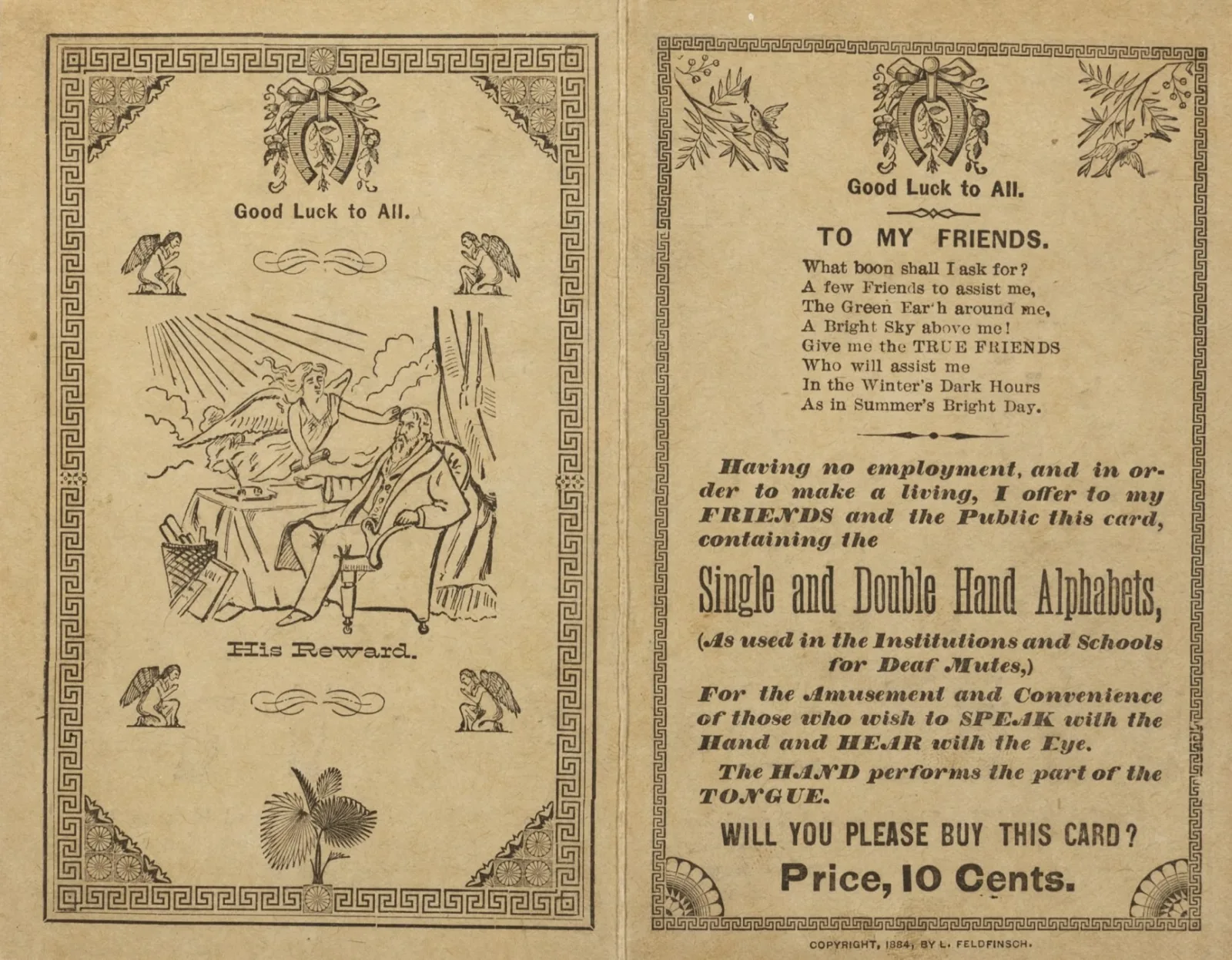 Mendicant literature 005 o3 Hand Alphabets cover 2 The headings "Good Luck to All," "To My Friends," and "Single and Double Hand Alphabets" are on the front cover of the leaflet.