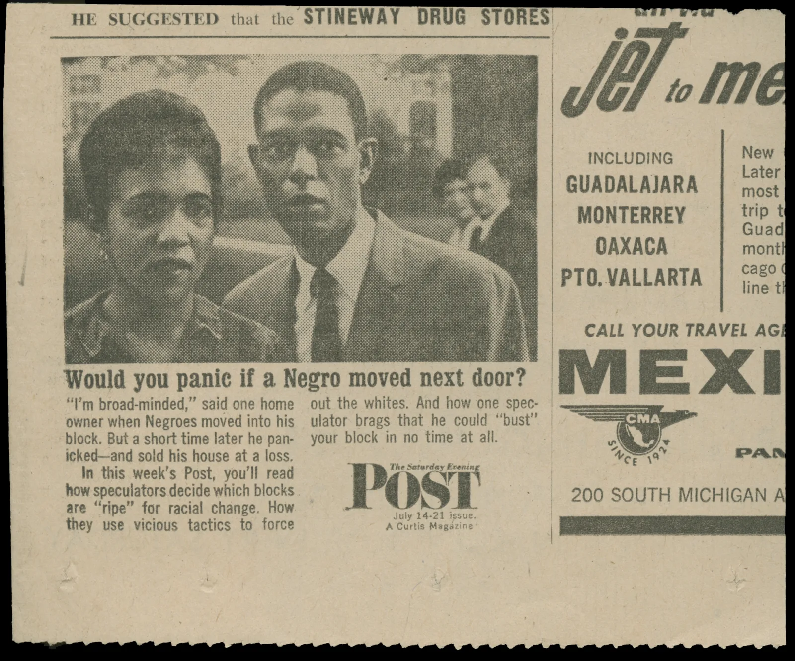 Article on blockbusting A newspaper clipping features a photograph of an African American couple (a man and a woman). Underneath the photo is the headline “Would you panic if a Negro moved next door?”