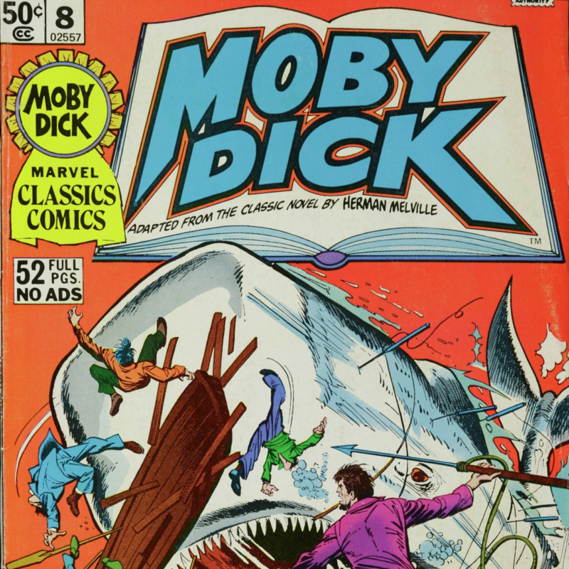 Marvel Classic Moby Dick A giant whale crashes into a ship. Sailor are launched into the air.