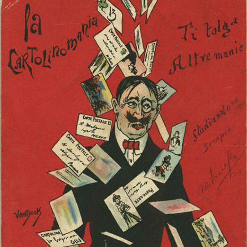 Man being rained on by postcards A mustached man in a suit looks sad as dozens of postcards with writing and images on them rain down over his head.