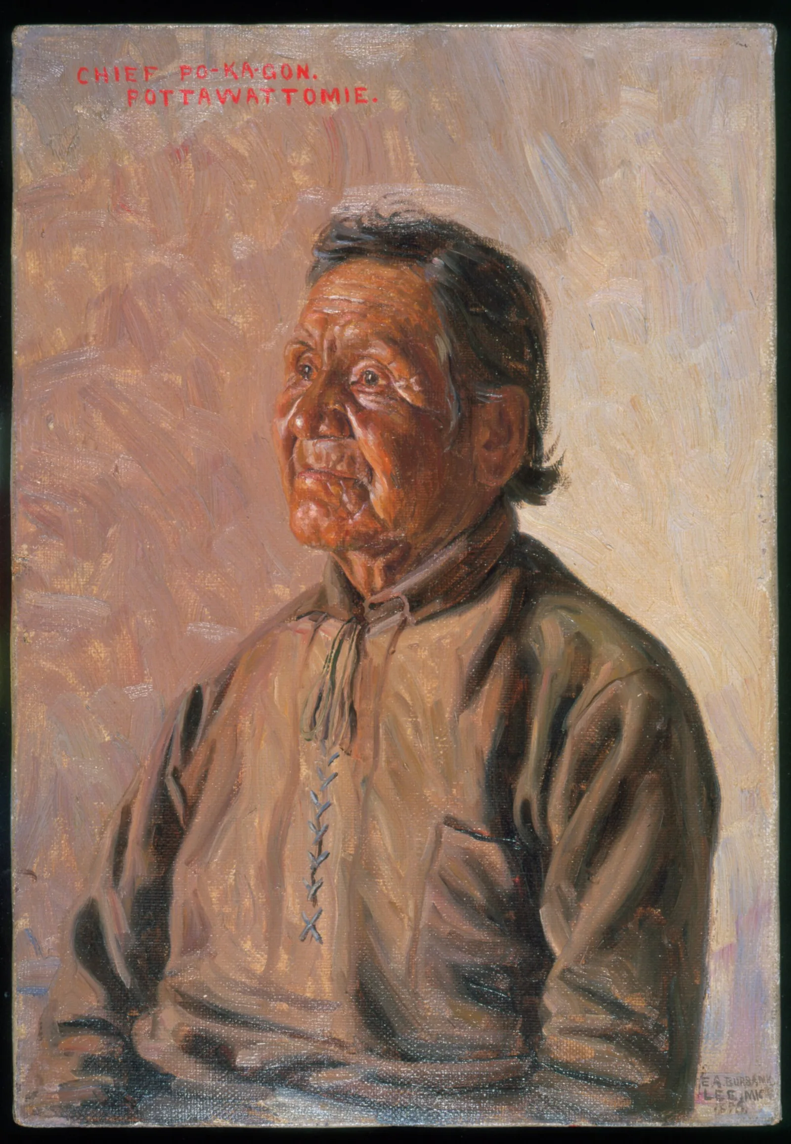 Portrait of Simon Pokagon by E.A. Burbank Portrait of Simon Pokagon. The words "Chief Po-Ka-Gon Pottawattomie" appear over his head