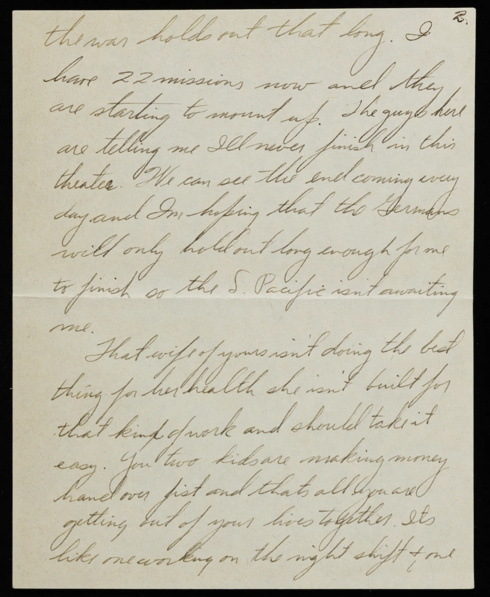 Letter home. Cursive handwriting appears in black ink in a letter.