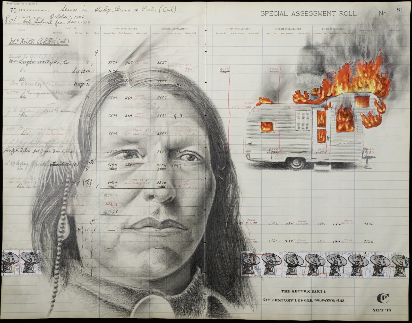 Pappan The Return Pt 1 copy A portrait of a Native man on ledger paper. Behind him is a burning trailer.