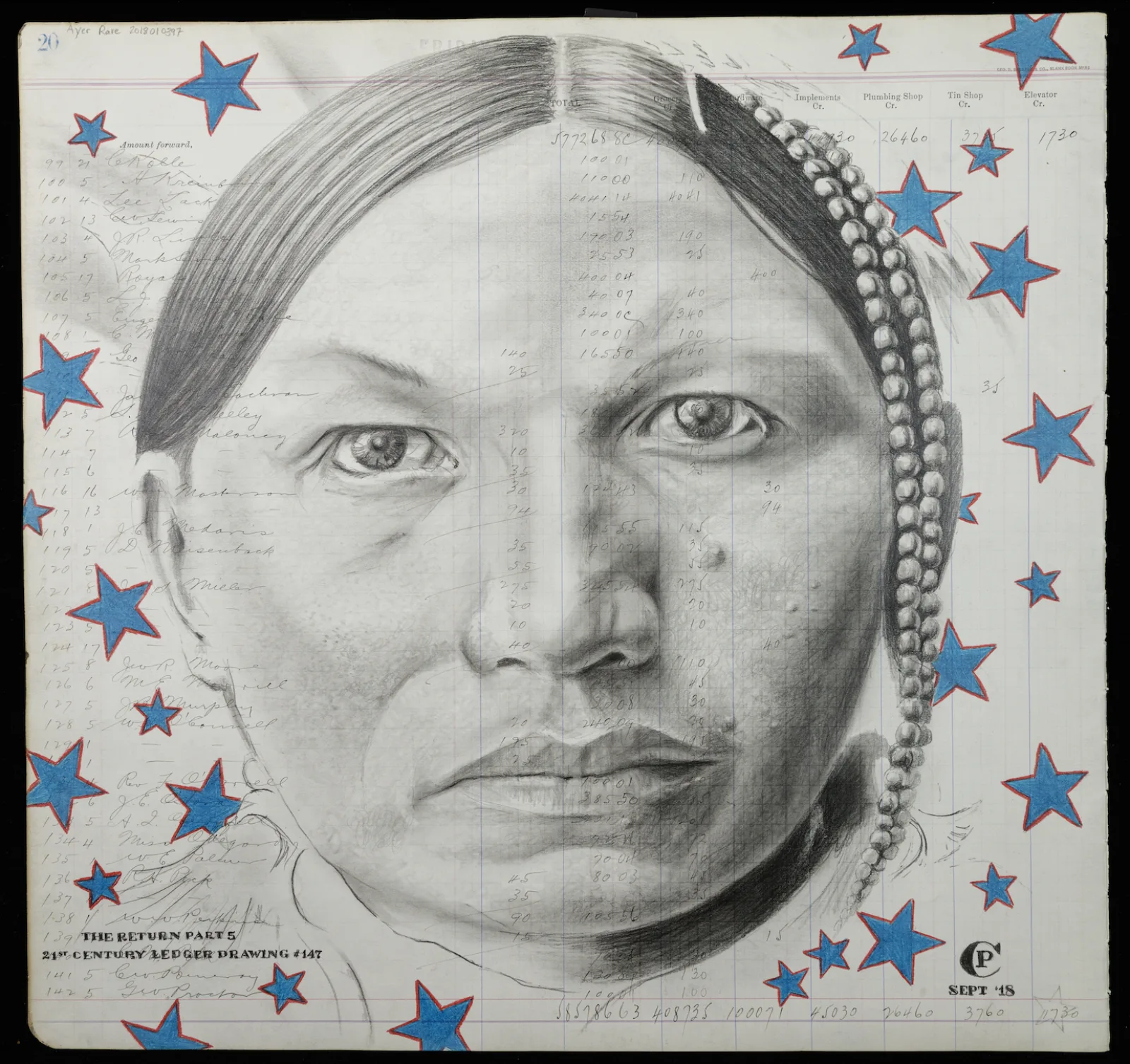 Pappan The Return Pt 5 copy A close up portrait of a Native woman. Blue stars with red outlines surround her.