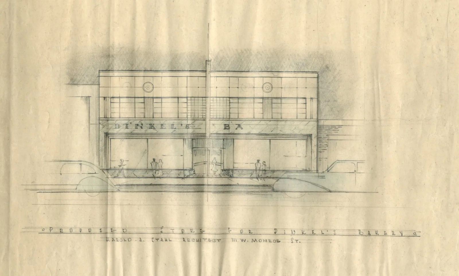 Architectural drawing for proposed Dinkel’s Bakery storefront by Harold A. Stahl Architect, ca. 1945