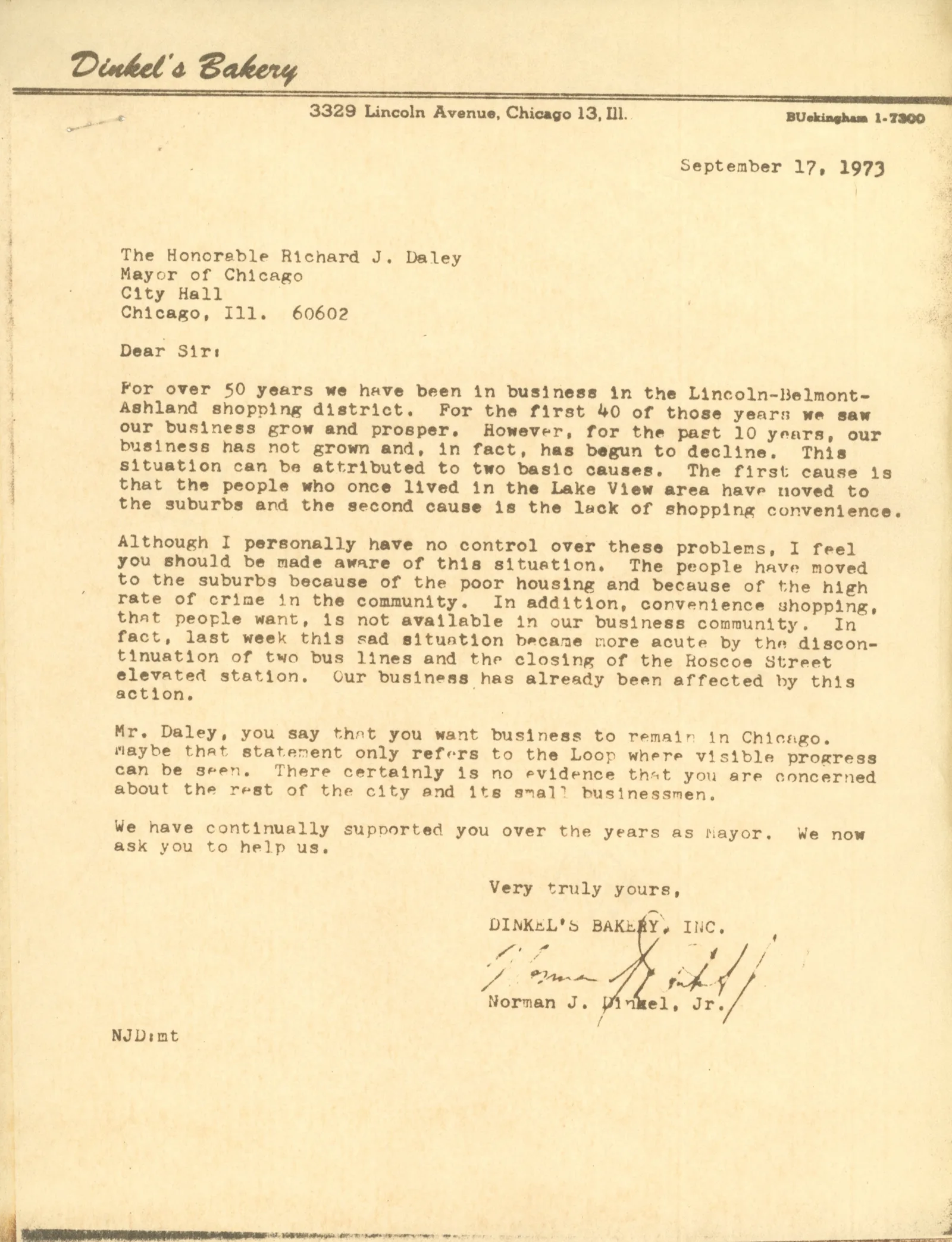 Norman J. Dinkel, Jr.’s letter to Mayor Richard J. Daley, 1973