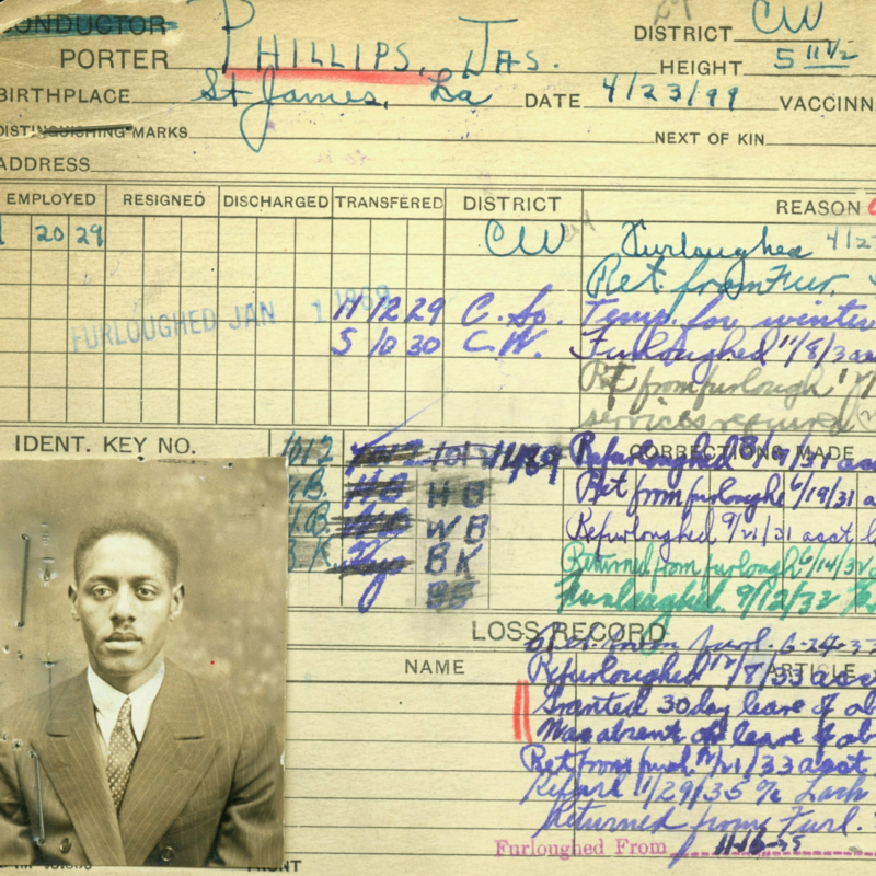 Employee Card from Pullman Company The photo of a man named James Phillips appears in the lower-left corner of an employment record. To the right are handwritten comments documenting his employment history with the Pullman Company.