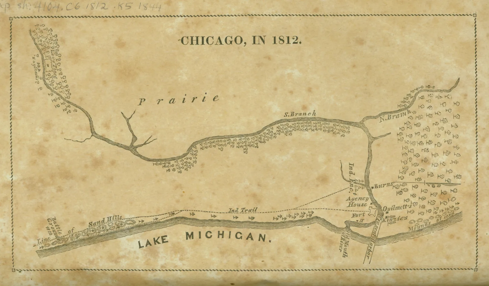 Ruggles 209 vault Narrative of the massacre at Chicago August 15 1812 o2 Manuscript map that depicts empty land with a river running through. At the top is the title "Chicago, in 1812." Map labels indicate the prairie and Lake Michigan.