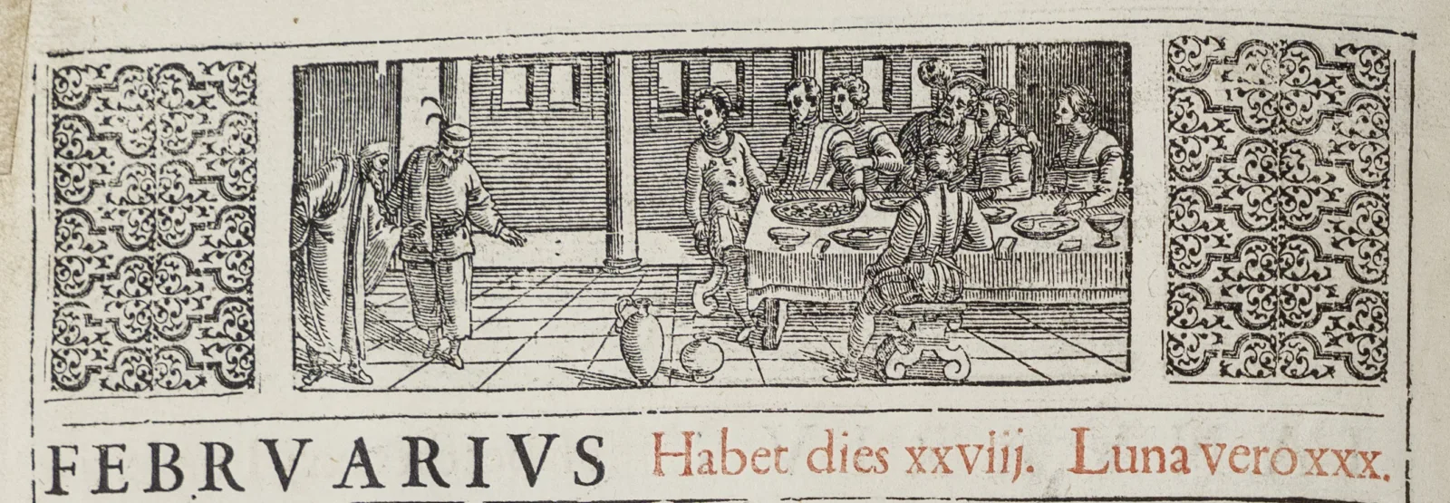 February woodcut showing Pantalone and Zanni performing at a courtly banquet February woodcut showing Pantalone and Zanni performing at a courtly banquet