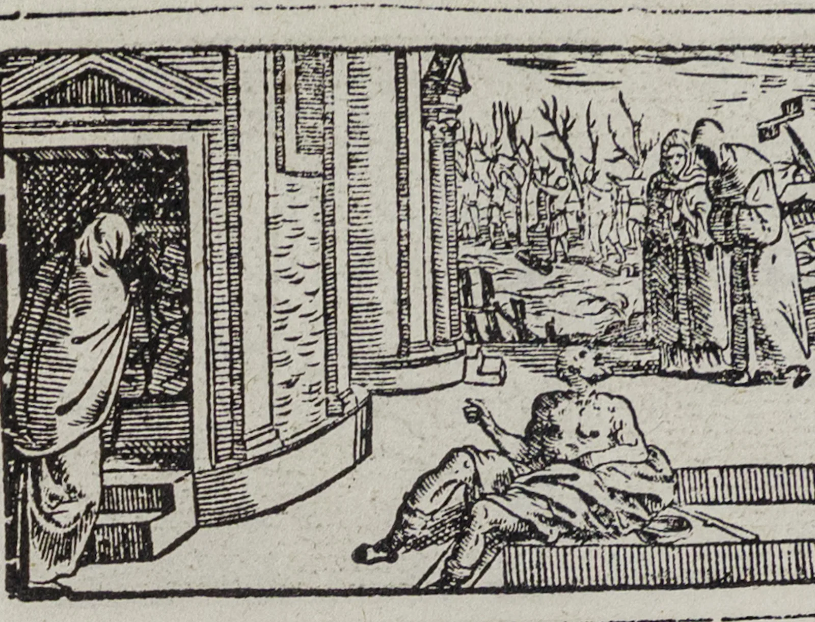 Detail of the March woodcut with people at the Lenten Mass and a beggar on the church steps. Detail of the March woodcut with people at the Lenten Mass and a beggar on the church steps.