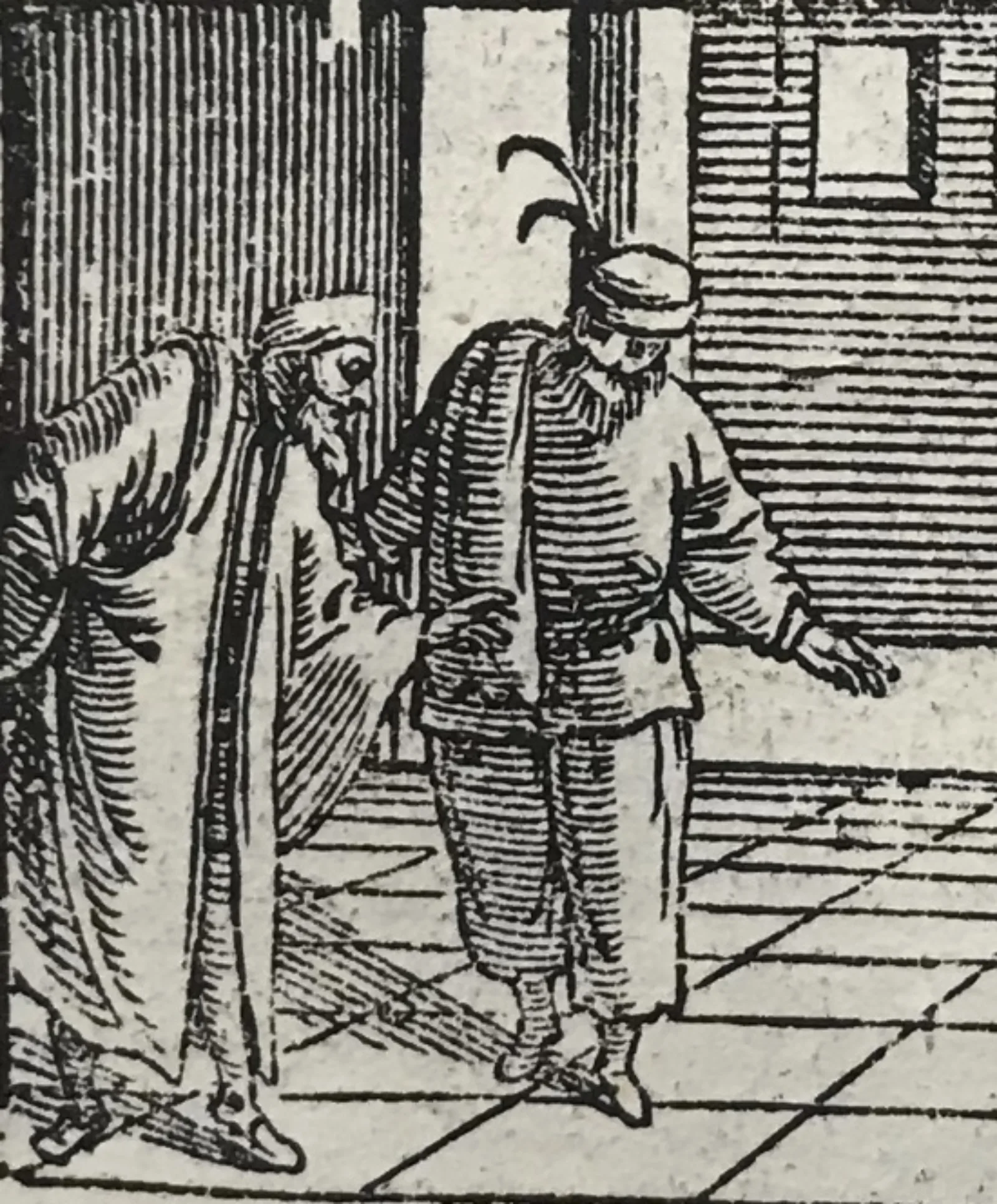 Detail of Pantalone and Zanni in the Newberry Missal. Detail of Pantalone and Zanni in the Newberry Missal. On the left is Pantalone, leaning forward with one hand behind and one in front. On the right is Zanni, seen with his loose, ankle-length trousers and a long-sleeved jacket of light-colored linen held with a belt.