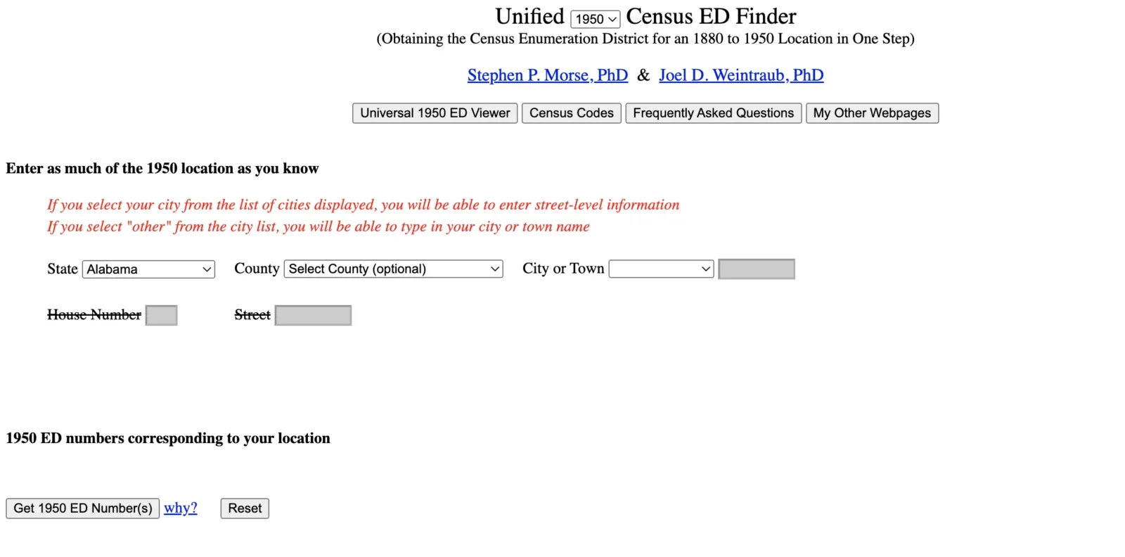 Steve Morse landing page Screenshot of Steve Morse's website landing page. It prompts visitors to enter a state, county, and city or town to find the appropriate enumeration district in the 1950 census.