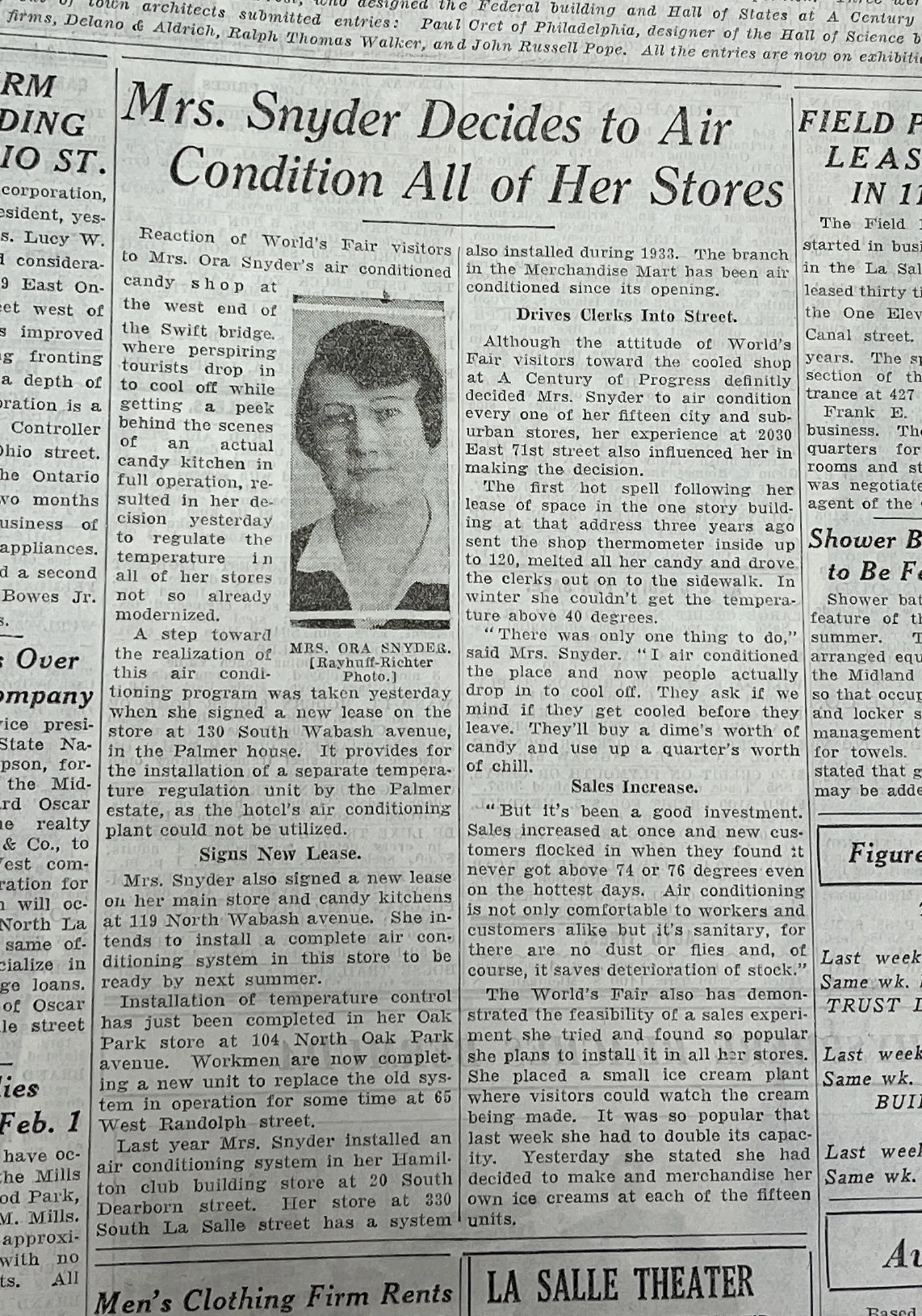 Tribune article A newspaper article with the headline: "Mrs. Snyder decides to air condition all of her stores."