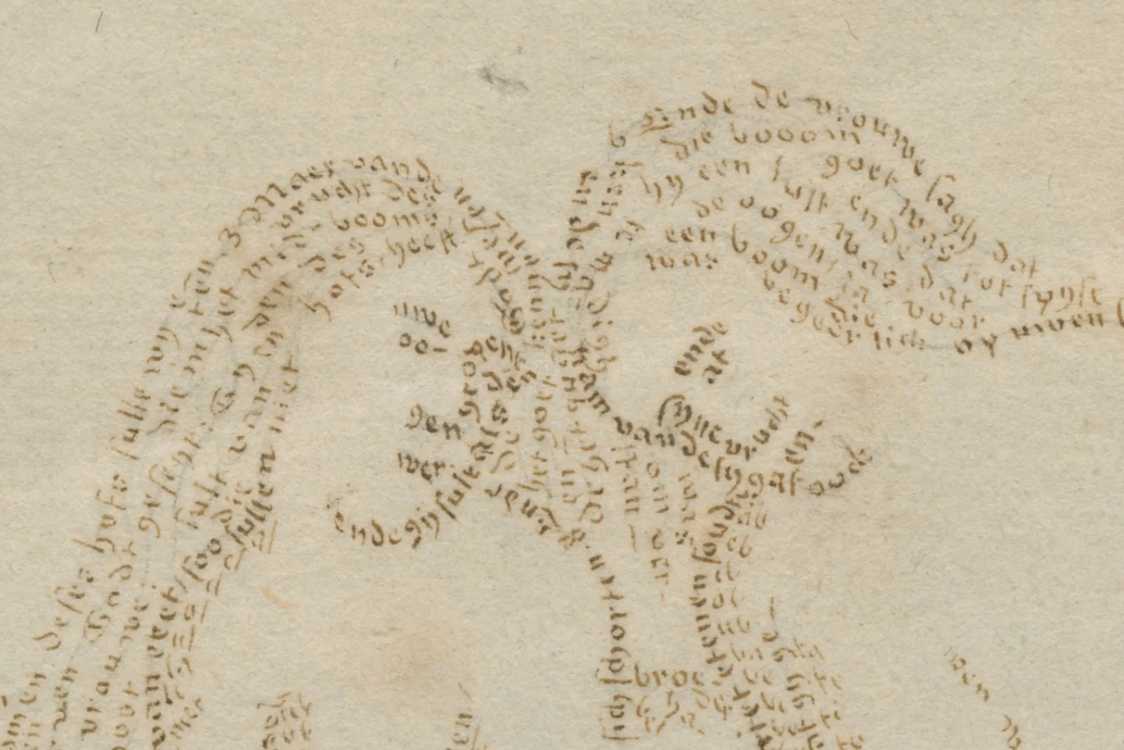 Adam and Eve microcalligraphy, detail A detail shows the despondent faces of Adam and Eve. Their faces are made up of individual letters.