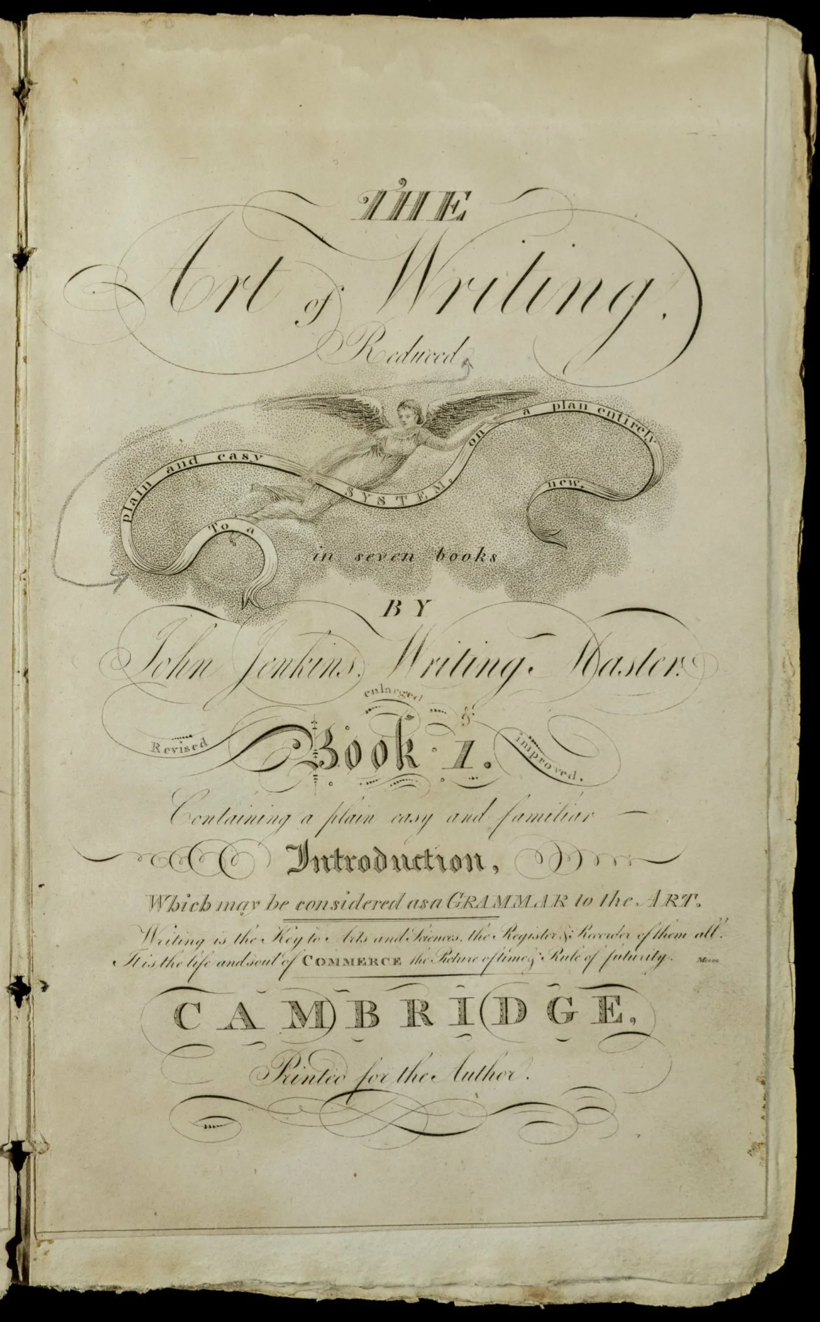 Title page The words “The Art of Writing” appear at the top of a page. Below is an angel holding a ribbon. On the ribbon are the words “plain and easy system.”