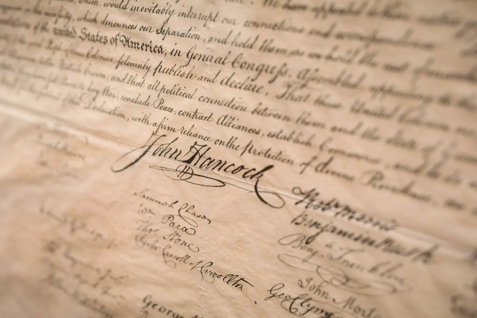 John Hancock's signature : John Hancock’s iconic signature appears below the text of the Declaration of Independence.